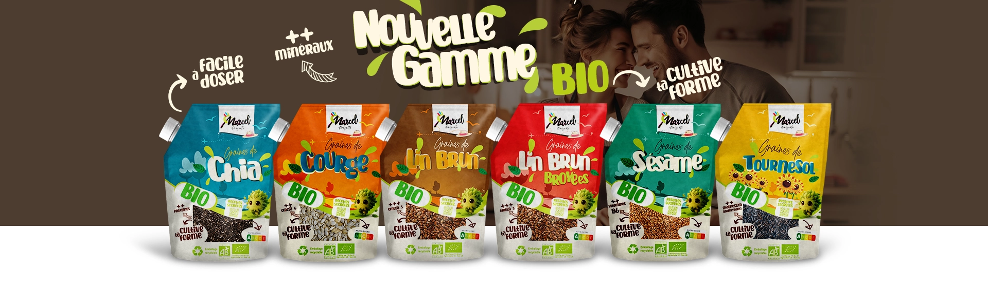 Gamme Marcel Présente Graines BIO Chia, Courge, Lin Brun, Tournesol, Sésame